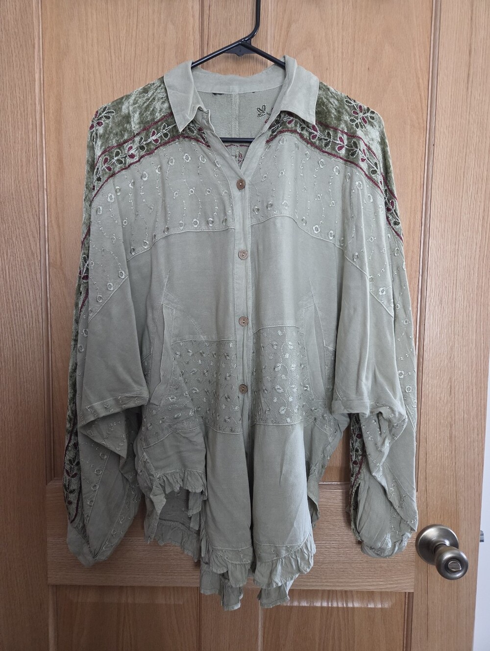 Boho Embroidered Olive Green Button-Front Top